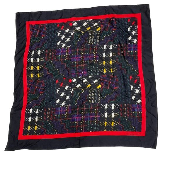 Vintage 80s Christian Dior 100% Silk Black Red Abstract Plaid 30" Square Scarf - Picture 3 of 10